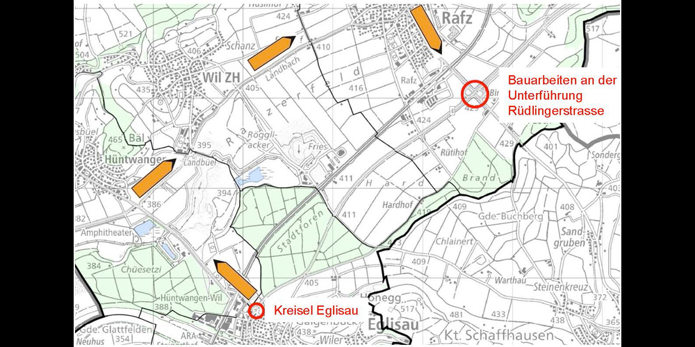 Bauarbeiten an der Unterführung Rüdlingerstrasse in Rafz vom 2. August 2022 bis Ende August 2023. Die Umleitung erfolgt vom Kreisel Eglisau über Hüntwangen Wil ZH und Rafz.