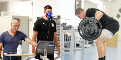 Philipp Schmid (l.) von «Phil – dein Fitnesscoach» testet Mehdi Ben Romdhane bei der Spiroergometrie auf dem Laufband. Rechts ist Kreisläufer Jonas Schopper beim Krafttest zu sehen. 