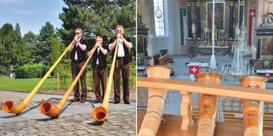 Das Alphorn-Trio Wicky (l.) spielt am 1. August 2022 wieder in der Pfarrkirche Kaltbrunn.
