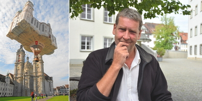 Die St.Galler Stiftskirche als Heissluftballon (l.) war eine Idee des Kunstschaffenden und Erfinders Jan Kaeser.