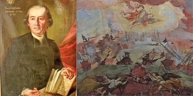 Jakob Joseph Müller (Selbstportrait) und Ausschnitt seines Deckengemäldes in der Kirche Maria Dreibrunnen, Bronschhofen.