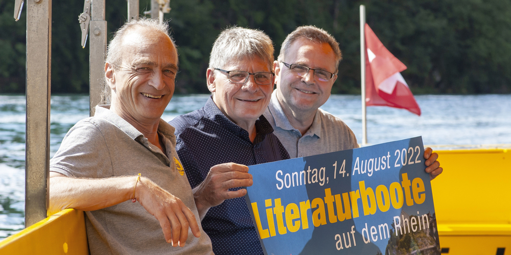 Engagieren sich als Mitglieder des Rebbauvereins Neuhausen auch dieses Jahr für die Literaturboote am Rheinfall: Michael Streif, Ruedi Meier und Christian Di Ronco (v. l.).	
