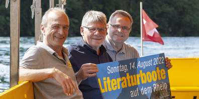 Engagieren sich als Mitglieder des Rebbauvereins Neuhausen auch dieses Jahr für die Literaturboote am Rheinfall: Michael Streif, Ruedi Meier und Christian Di Ronco (v. l.).	