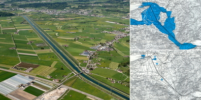 1860 bedeckte ein Riet (r.o., blau) weite Teile der Linthebene; 1970 blieben davon nur noch Reste (r.u., blau).