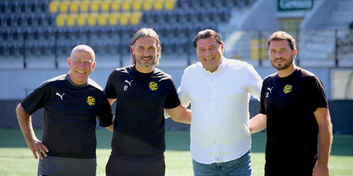 Der FC Schaffhausen erhält Unterstützung im Trainerstab von André «Bigi» Meier (l.). Dies da Cheftrainer Hakan Yakin (2. v. l.)  noch an der fehlenden Ausbildung für das UEFA-Pro Diplom in der Türkei ist.