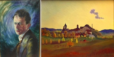 Selbstportrait und Ansicht der Wiler Altstadt von Karl Glauner.