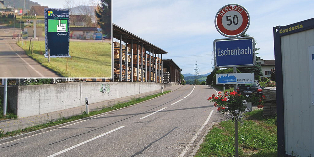 Visualisierung (kl.) der neuen digitalen Tafeln, die am Ortseingang mehrerer Eschenbacher Ortsteile aufgestellt werden.