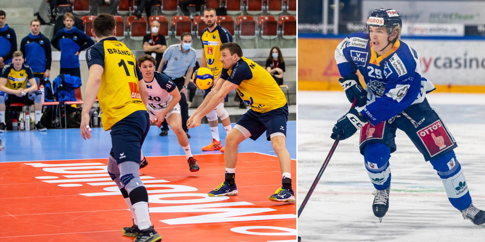 Zwei der Preisträger 2022: die Herren 1 des TSV Jona Volleyball (l.) und Eishockey-Jungprofi Mats Alge.