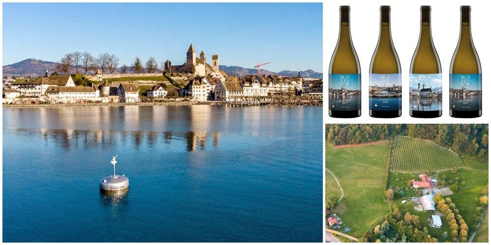 Verschiedene Auszeichnungen zeigen, dass aus dem «Wellentänzer» jeweils einer der besten Schweizer Weine wird (Collage Linth24: l. Weinboje vor Rapperswil, r.o. alle vier Jahrgänge «Wellentänzer», r.u. Weingut Irsslinger).