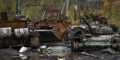 Ein Hund steht in der Nähe russischer Panzer, die bei jüngsten Kämpfen beschädigt wurden. Foto: Efrem Lukatsky/AP/dpa