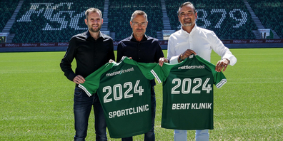 Dr. med. Hanspeter Betschart, Chefarzt Berit SportClinic, Matthias Hüppi, Präsident FCSG, und Peder Koch, CEO und Delegierter des Verwaltungsrates der Berit Klinik AG