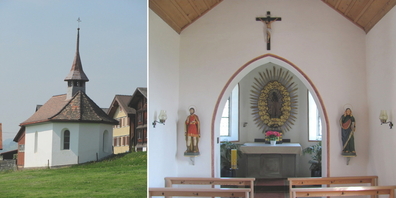Die Uetliburger Kapelle Felix und Regula von aussen (l.) und von innen.