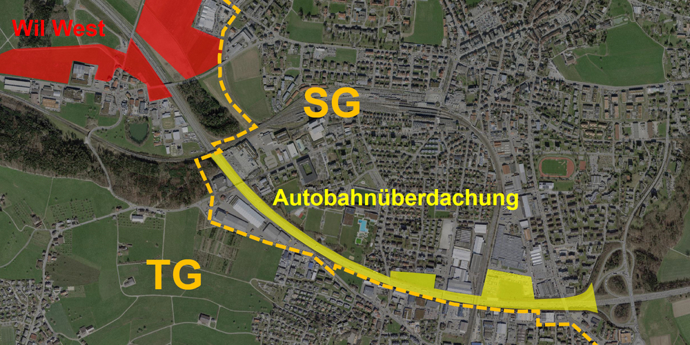 Flächenpotenzial der Autobahnüberdachung (gelb) im Vergleich zum geplanten Neubaugebiet Wil West (rot)