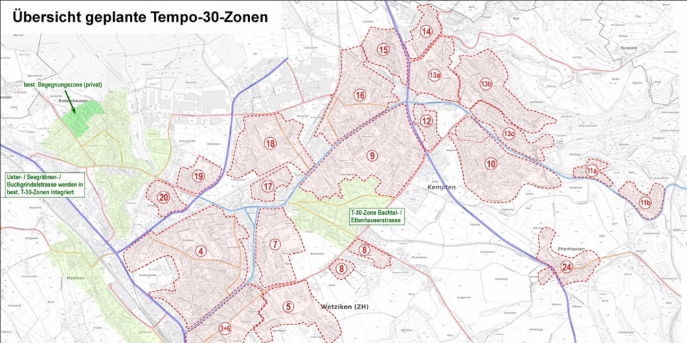 Stadtrat Wetzikon hat den Gesamtkredit für die Einführung von Tempo-30-Zonen in den  Wohnquartieren genehmigt.