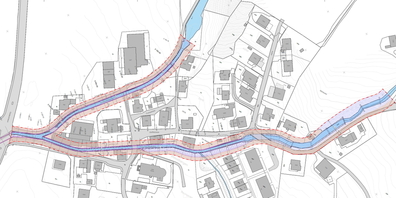 Ausschnitt aus dem Sondernutzungsplan «Maseltrangerbäche» u.a. mit Baulinien Gewässerraum (rot) und Gewässerraum (blau schraffiert).