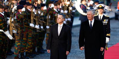 Bundespräsident Ignazio Cassis (links) und Belgiens König Philippe beim Abschreiten der Ehrengarde in Brüssel.