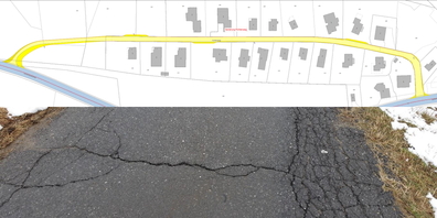 Fichtenweg in Ricken: Ausschnitt des Teilstrassenplans (oben) und gegenwärtige Belagsschäden.