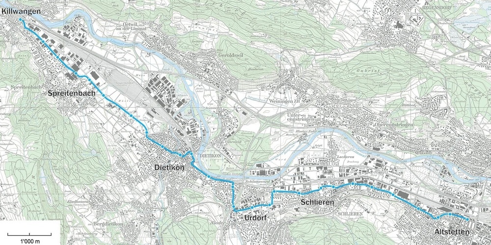 Für die 13,4 Kilometer lange Strecke mit 27 Haltestellen benötigt die Limmattalbahn 37 Minuten.