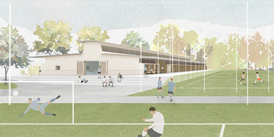 Eine Visualisierung des Projekts mit Blick vom Spielfeld an die Frontfassade.