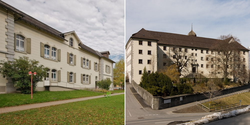 Die Psychiatrieverbund-Standorte Eggfeld in Wil (l.) und St.Pirminsberg in Pfäfers. (Archivbilder)