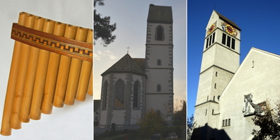 (v.l.) Eine Panflöte, die Uzner Kreuzkirche in der Dämmerung und die Uzner Stadtkirche.