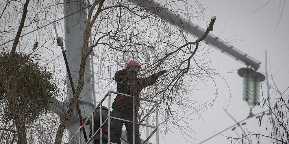 Arbeiter des Stromversorgungsunternehmens DTEK Stromleitungen entfernen Äste von Stromleitungen, während Instandhaltungsmaßnahmen. Foto: Andrew Kravchenko/AP/dpa