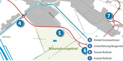 Im Abschnitt Grynaustrasse bis Rotfarb sollen Optimierungen vorgenommen werden. Diese werden Anfang Frühling 2023 an einer Informationsveranstaltung vorgestellt (Karte ohne Optimierungen). 