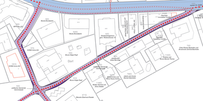 Auszug des Teilstrassenplans zum Sanierungs- und Ausbau-Projekt der Herrengasse (Violett-Töne) in Gommiswald.