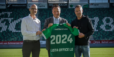 Harald Fitz, Leiter Marketing Lista Office LO; Christian Mehling, CEO Lista Office LO; Matthias Hüppi, Präsident FC St.Gallen