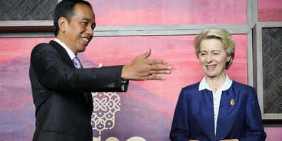 Die Präsidentin der Europäischen Kommission Ursula von der Leyen (r), wird vom indonesischen Präsidenten Joko Widodo während ihres bilateralen Treffens vor dem G20-Gipfel begrüßt. Foto: Achmad Ibrahim/POOL AP/dpa