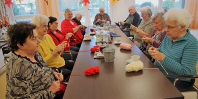 Die «Zehner-Bande», die sich jeden Nachmittag zum Stricken trifft. Mit dabei sind auch zwei Männer. Gebrauchen können sie stets Wollen-Nachschub und frische Stricknadeln.  