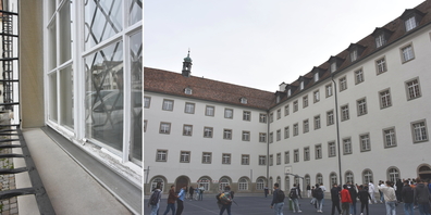 Der Zustand vieler Fenster (l.) ruft dringend nach einer Sanierung. Blick vom Innenhof zum Dekanatsflügel und Schulflügel, wo die Fenster ebenfalls zu ersetzen sind.