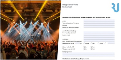 Vor der Durchführung einer Veranstaltung auf öffentlichem Grund muss ein zweiseitiges Gesuch ausgefüllt werden (l.: Symbolbild, r.: Ausschnitt Formular).