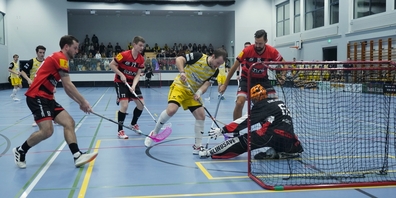 Flames-Spieler Léon Baumgartner (Nr. 13) versucht sich vor dem Herisauer Tor durchzusetzen.