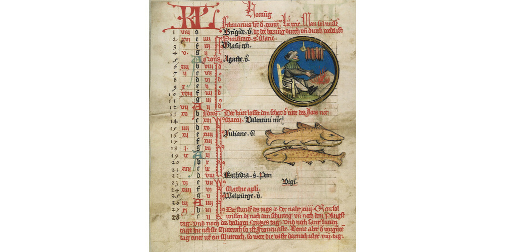 Der Monat Februar in einem Kalender von 1445. Solche Kalender orientierten nicht nur über das aktuelle Datum, sondern enthielten auch medizinische, astrologische und meteorologische Informationen.