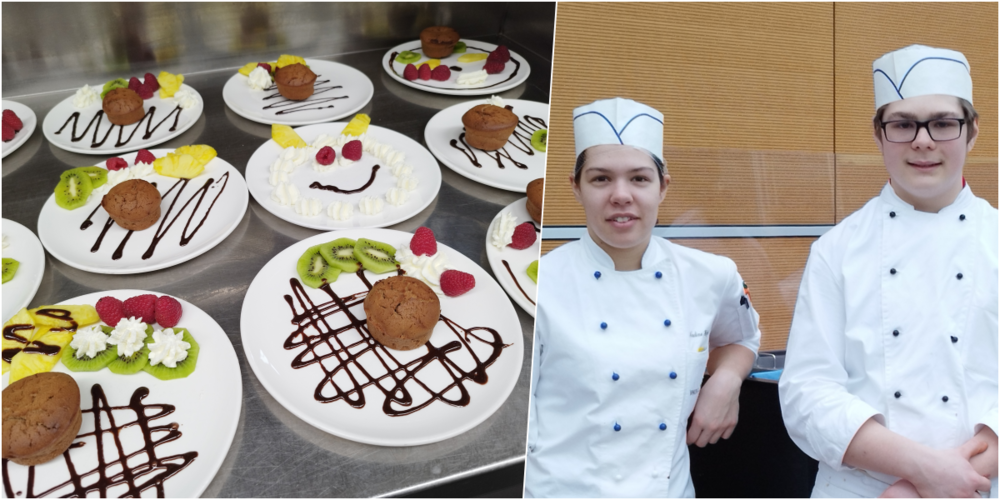 (l.) Beim Dekorieren und Anrichten der Teller sind die Jugendlichen jetzt schon gerne kreativ.  (r.) Nadine Hofmann und Marius Gort zeigen den Teilnehmenden der BerufsINFO See-Gaster ihren Arbeitsplatz in der Küche im Restaurant Waldegg.