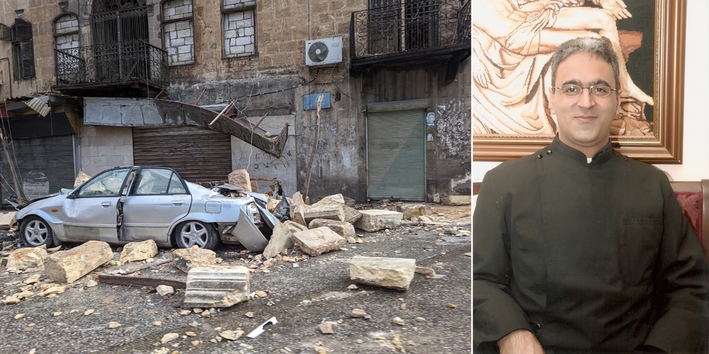 Zerstörung nach dem Erdbeben in den Strassen Aleppos. Pater Georges Aboud (r.) kennt die aktuelle Situation in Syrien.