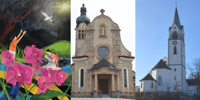 Im Bild (l.) drückt die junge Künstlerin Hui-Wen Hsiao ihren eigenen christlichen Glauben aus. Ökumenische Feiern gibt es in Rieden und Jona (r.).