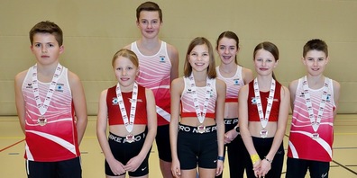 Die U12 mixed des STV Oberriet-Eichenwies gewann das Regionalfinale (von links): Elia Beuggert, Salome Steiner, Janis Beuggert, Lenya Hutter, Aino Loher, Anina Mosch und Livio Rupper. Es fehlt: Haval Hashim.