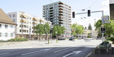 Die Visualisierung zeigt das neue Hochhaus an der Wehntalerstrasse. Erstaunlicherweise noch nicht  auf dem Bild: die im ähnlichen Zeithorizont zu bauende Tramlinie. Diese könnte zu einer Verkehrsberuhigung dieses Verkehrsknotenpunktes beitragen. 