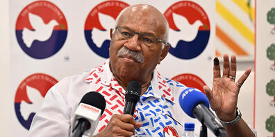 People's Alliance Party leader Sitiveni Rabuka at a press conference while counting resumes after the Fijian election in Suva, Fiji, Saturday, December 17, 2022. (AAP Image/Mick Tsikas) NO ARCHIVING