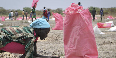 ARCHIV - Eine Frau sammelt Hirse vom Boden auf, die in Säcken vom Welternährungsprogramm (WFP) der Vereinten Nationen über der Stadt abgeworfen wurden. Im Südsudan droht laut Vereinten Nationen im kommenden Jahr eine schwere Hungerkrise. Foto: Sam...