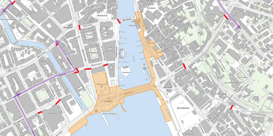Ab 21 Uhr werden die Strassen rund um die Innenstadt und das untere Seebecken gesperrt (rote Balken).