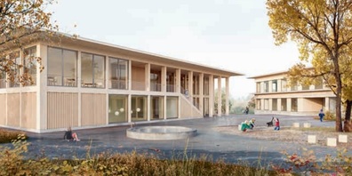 Visualiserung des Siegerprojekts an der Weideggstrasse: Pausenplatz mit Schulhaus (Gebäude rechts) und Ausserschulisches Betreuungsangebot (aBa) mit Aula (Gebäude links).