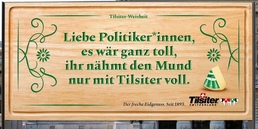 Passend zu den anstehenden Wahlen: Eines der Sujets aus der aktuellen Werbekampagne von Tilsiter.