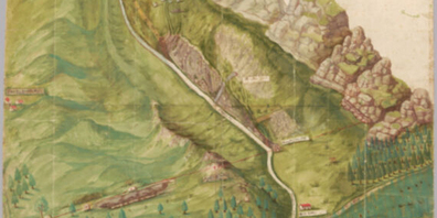 Kartierter Grenzstreit zwischen Uri und Schwyz auf der Alp Galtenäbnet im Bisistal, 1728 (STASZ, SG.CIII.355)