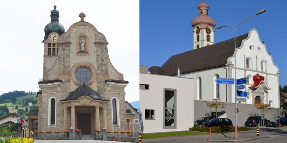 Die Kirchen St. Magnus Rieden (l.) und St. Jakobus Gommiswald.