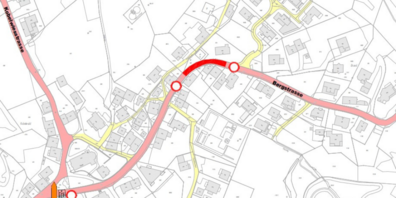 Der Strassenabschnitt in der Kurve ist vom 23.1. bis voraussichtlich 24.2.2023 wochentags gesperrt. 