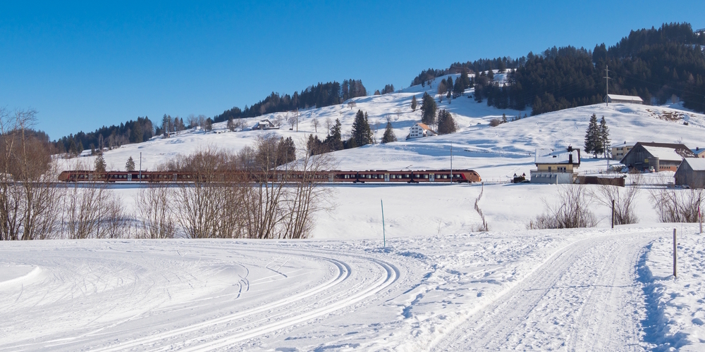 Voralpen-Express im winterlichen Rothenturmer Hochmoor.
