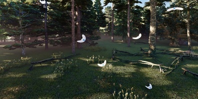 Vergängliche Datensammler: Bio-Gleiter werden von einer Drohne im Wald verteilt. Wenn sie den Boden erreichen, senden sie Umweltdaten, bis sie schliesslich von Bodenorganismen zersetzt werden.